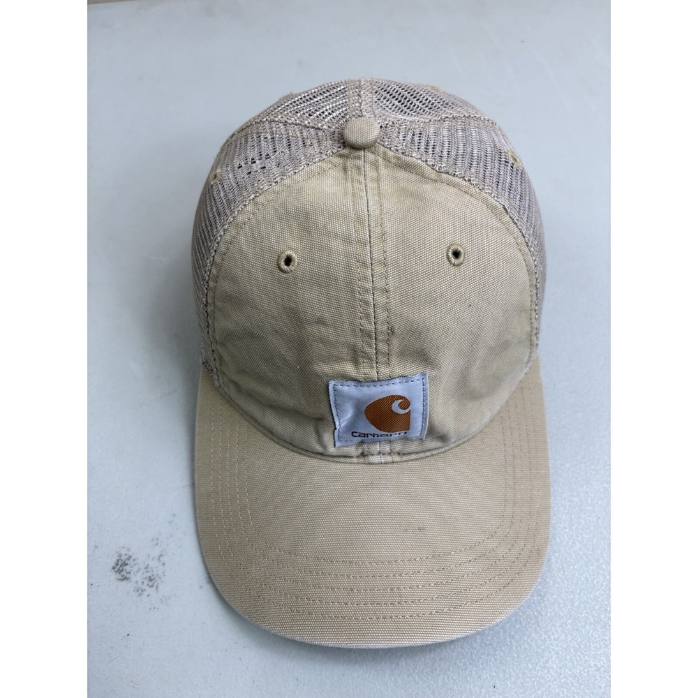 Carhartt Hat Snap-back Baseball Cap Tan Mesh Back Canvas Center Logo Workwear - Picture 2 of 8